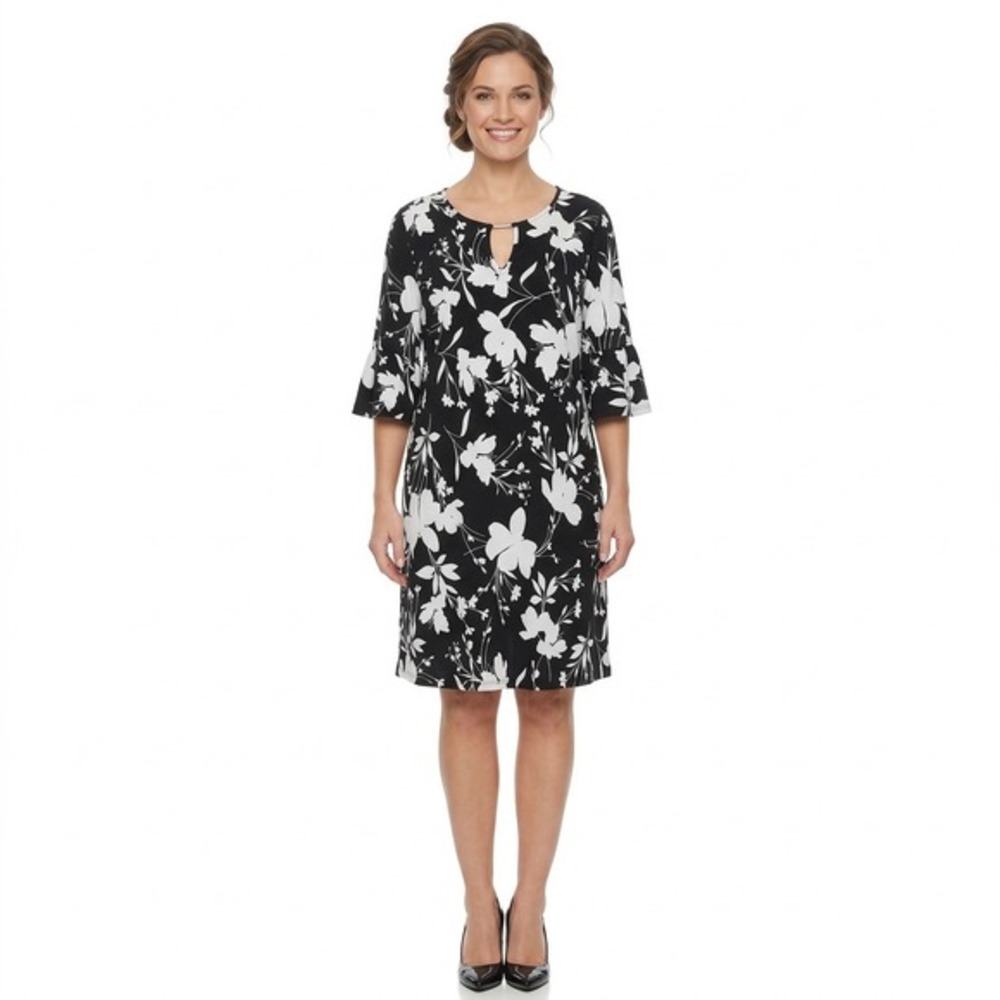 Ruby Rd Womens Black White Floral‎ Keyhole Bell Sleeve Shift Dress M 88183